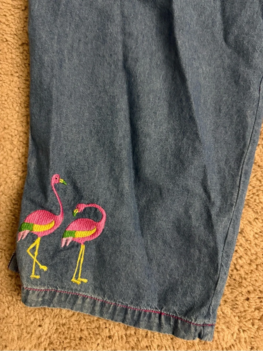 VTG Bleu Bayou Flamingo Embroidered Matching Set  Size XL V Neck Shirt Capris - Picture 7 of 8